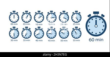 Cooking time, set of time counter icons from 5 minutes to 1 hour. Stopwatch Timer Clock Vector Illustration Isolated Stock Vector