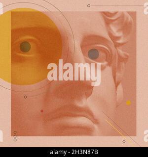 Art collage with antique sculpture of Apollo face and numbers ...