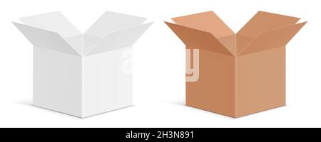 Vector set of white and khaki color cardboard paper unfolded boxes, isolated on background. Open standard storage box illustration. Stock Vector