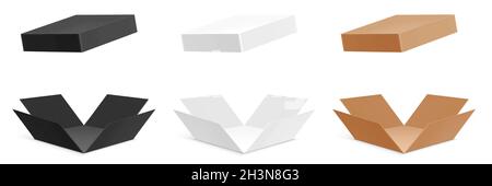 Vector set of black, white, and cardboard paper unfolded boxes, isolated on background. Stock Vector