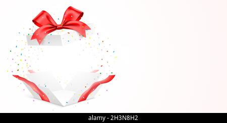 Exploded white gift box with red ribbon and colorful confetti, isolated on background with copy space. Unfolded surprise giftbox vector illustration. Stock Vector