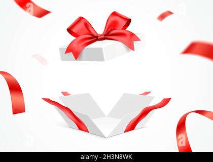 Exploded white gift box with red ribbon, isolated on background. Surprise giftbox with empty space, vector illustration. Stock Vector