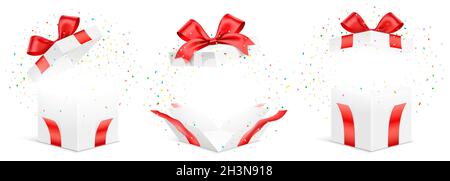 Vector set of exploded white gift boxes with red ribbons, isolated on white background. Unfolded surprise giftbox, vector illustration. Stock Vector