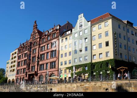 Buildings in the Nikolai-Quarter in Berlin seen from the river Spree Stock Photo