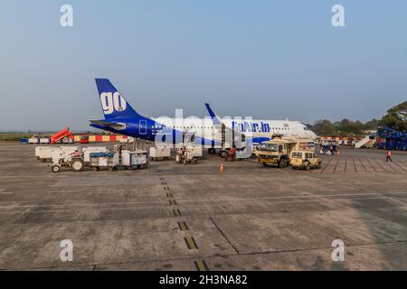 DELHI, INDIA - FEBRUARY 1, 2017: GoAIr airplane at Lokpriya Gopinath Bordoloi International Airport in Guwahati, Assam state, India Stock Photo