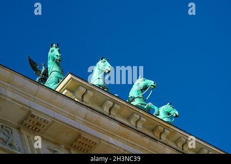 Quadriga at the Brandenburg Gate in Berlin with cloudless sky seen from below