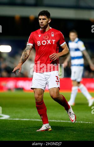 London, UK. 29th Oct, 2021. Tobias Figueiredo of Nottingham Forest in action during the game. EFL Skybet Championship match, Queens Park Rangers v Nottingham Forest at The Kiyan Prince Foundation Stadium, Loftus Road in London on Friday 29th October 2021. this image may only be used for Editorial purposes. Editorial use only, license required for commercial use. No use in betting, games or a single club/league/player publications. pic by Steffan Bowen/Andrew Orchard sports photography/Alamy Live news Credit: Andrew Orchard sports photography/Alamy Live News Stock Photo
