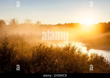 The sun peaks over the distant tree line as steam and fog collect in the marshy river basin in Waukesha County, Wisconsin on an autumn morning. Stock Photo