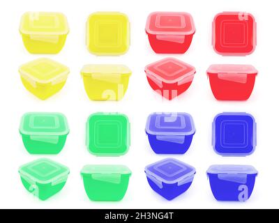 Square plastic food container in yellow, blue, green and red colors in different projections isolated on white background Stock Photo