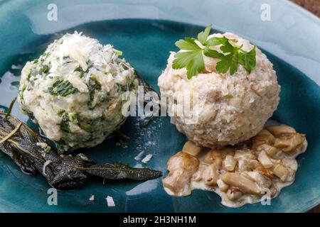 Mixed bavarian dumplings on wood Stock Photo