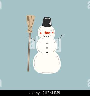 Snowman in bucket hat with a broom on a blue background. Vector illustration Stock Vector