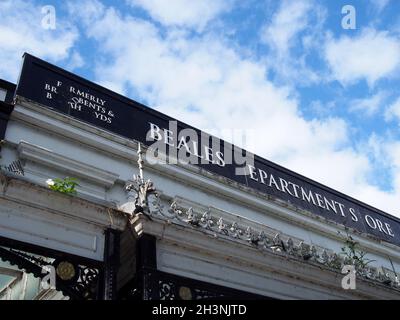 Sign above the main main entrance of the closed Beales department store on Lord street in Southport Stock Photo