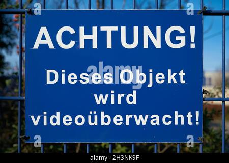 Blue sign with the inscription Attention, this object is under video surveillance Stock Photo