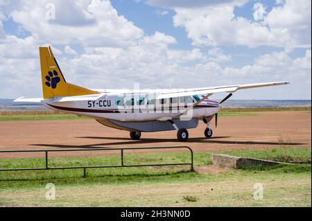 Exterior of Mombasa Air Services Cessna Caravan 208B aircraft at Musiara airstrip, Masai Mara, Kenya Stock Photo