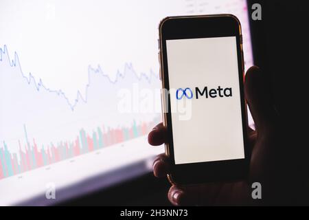 Kyrenia, Cyprus- October 29, 2021: Meta logo is shown on a device screen. Meta is the new corporate name of Facebook. Social media platform will change to Meta to emphasize its metaverse vision. Stock Photo
