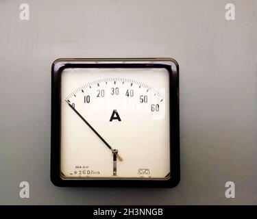 A large square industrial ammeter with an analogue dial with numbers with standard electrical symbols on a white dial on a grey Stock Photo
