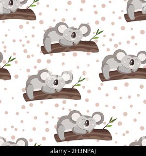 Seamless pattern with cute koala baby and hearts on white polka dots background. Funny australian animals. Card, postcards for kids. Flat vector Stock Vector