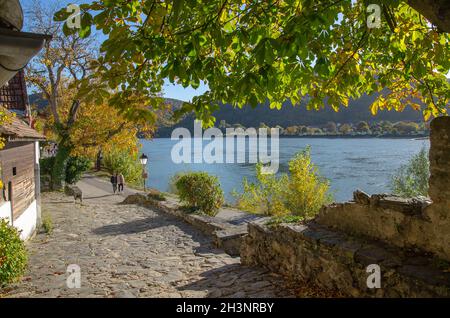 Dürnstein, a small town on the Danube river in the Krems-Land district, is one of the most-visited tourist destinations in the Wachau region. Stock Photo