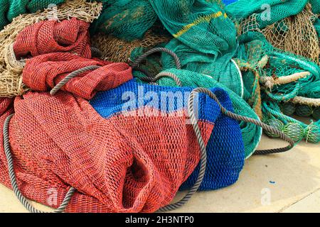 Fishing nets, buoys and ropes in the port of Santa Pola, Alicante, Spain Stock Photo