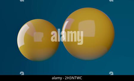 3D render with orange balls floating in space on a blue background Stock Photo
