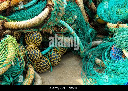 Fishing nets, buoys and ropes in the port of Santa Pola, Alicante, Spain Stock Photo