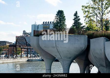 Little Island, a free public park pier within the larger Hudson River Park, opened to the public on May 21, 2021.  Plantings include more than 350 spe Stock Photo