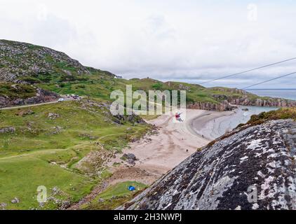 Zip Line Over Ceannabeinne Beach on the North Coast 500 Route, Durness, Sutherland, North Coast of Scotland, UK - 19th of July 2021