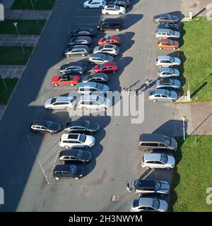 Aerial view of a car park with cars in the city centre of Magdeburg in Germany Stock Photo