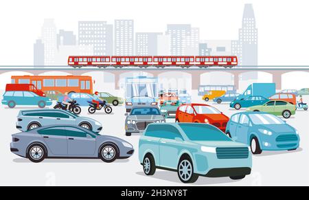 Traffic jam at the road intersection and Transport by elevated train,, illustration Stock Photo