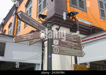 At the juncture between Pagoda Street and Trengganu Street with restaurants and shops in the Chinatown District, Singapore. Stock Photo