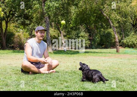 Young man sitting on grass playing with black dog looking at tennis ball on air. Male owner training pet at park on sunny day Stock Photo