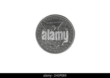 Reverse side of Morgan silver dollar, in mint state condition, isolated on white background Stock Photo