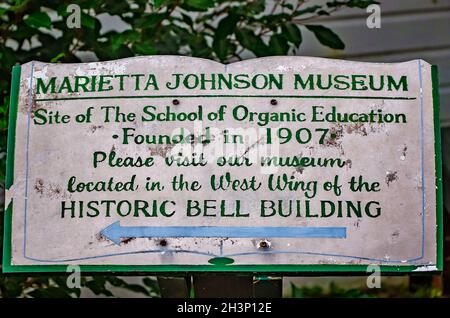 A historic marker stands on the former site of the Marietta Johnson School of Education, Oct. 23, 2021, in Fairhope, Alabama. Stock Photo