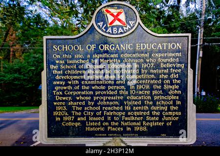 A historic marker stands on the former site of the Marietta Johnson School of Organic Education, Oct. 23, 2021, in Fairhope, Alabama. Stock Photo