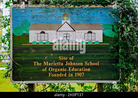 A historic marker stands on the former site of the Marietta Johnson School of Organic Education, Oct. 23, 2021, in Fairhope, Alabama. Stock Photo