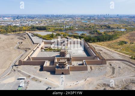 Aerial view of jiayu pass in jiayuguan city Stock Photo