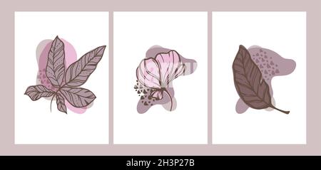 Set of minimalist posters with floral decorative elements and abstract forms. Stock Vector