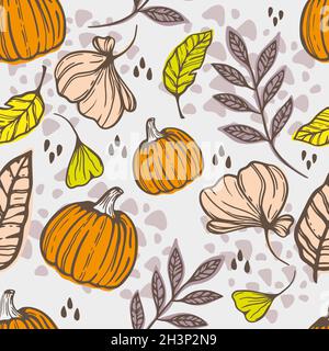 Seamless pattern of hand-drawn floral elements, pumpkins flowers and leaves, and abstract geometric forms. Good for Thanksgiving decor. Stock Vector