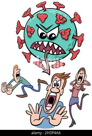 Coronavirus and people run away in panic cartoon illustration Stock Photo