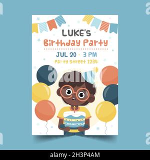 cute boy holding cake being surrounded by balloons poster vector design illustration Stock Vector
