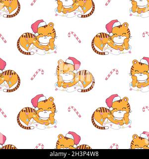 Tiger with a New Year's hat. Christmas seamless pattern. Vector, illustration Stock Vector
