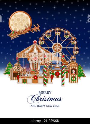 Christmas background with gingerbread funfair. gingerbread christmas landscape Stock Vector