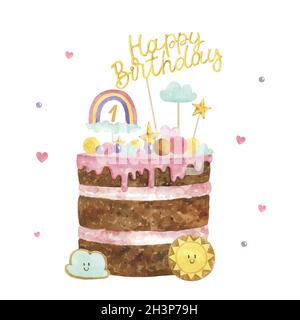 hand painted watercolor birthday cake with topper vector design illustration Stock Vector