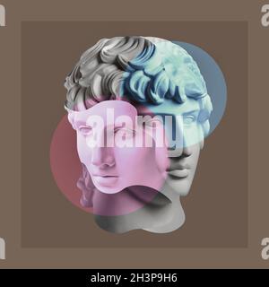 Collage with plaster antique sculpture of duble human face in pop art style. Creative concept image with ancient statue head in Stock Photo