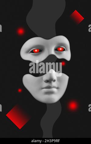 Antique sculpture of woman face surreal collage in pop art style. Modern image with cut details of statue head. Red eyes. Dark c Stock Photo