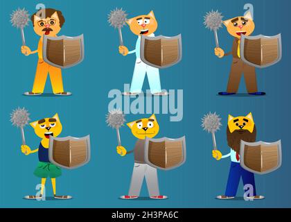 Funny cartoon cat holding a spiked mace and shield. Vector illustration. Cute orange, yellow haired young kitten. Stock Vector