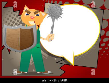 Funny cartoon cat holding a spiked mace and shield. Vector illustration. Cute orange, yellow haired young kitten. Stock Vector