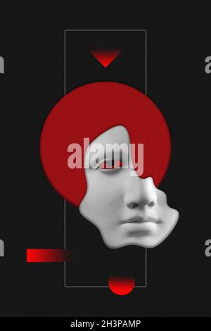 Antique sculpture of woman face surreal collage in pop art style. Modern image with cut details of statue head. Red eyes. Dark c Stock Photo