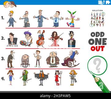 Odd one out picture game with cartoon people characters Stock Photo