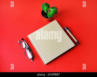 Book, glasses, pen, plant Stock Photo